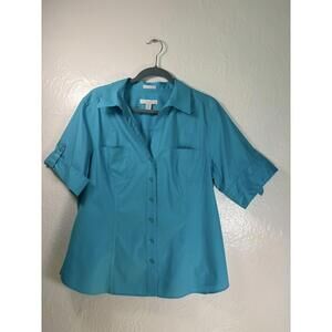 Chico's XL Women's Teal 100% Cotton Roll Up Short Sleeve Button Up Shirt Classic